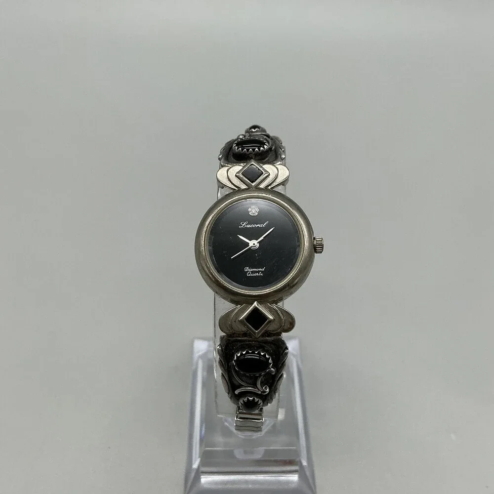 Lucoral Diamond Womens Watch 24mm Sterling Stamped Onyx Watch Tips New Battery